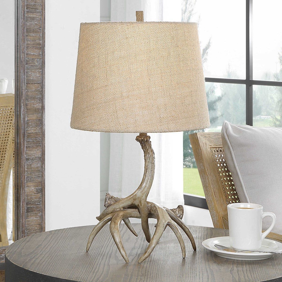 Casa Bella Living Burlap Shade with Rustic Antlers Base Table Lamp