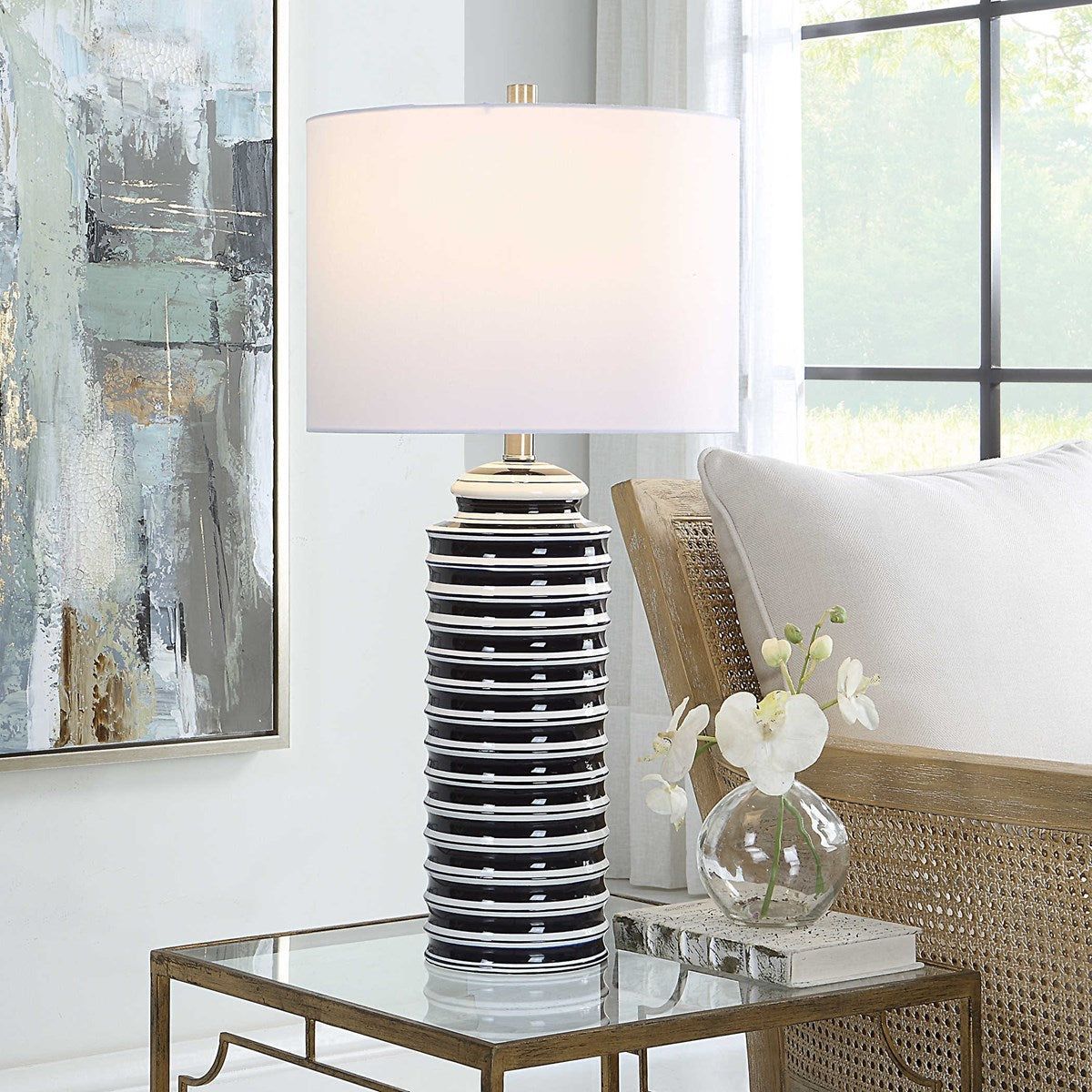 Casa Bella Living White Linen Shade with Navy and Gloss White Ceramic Base Table Lamp