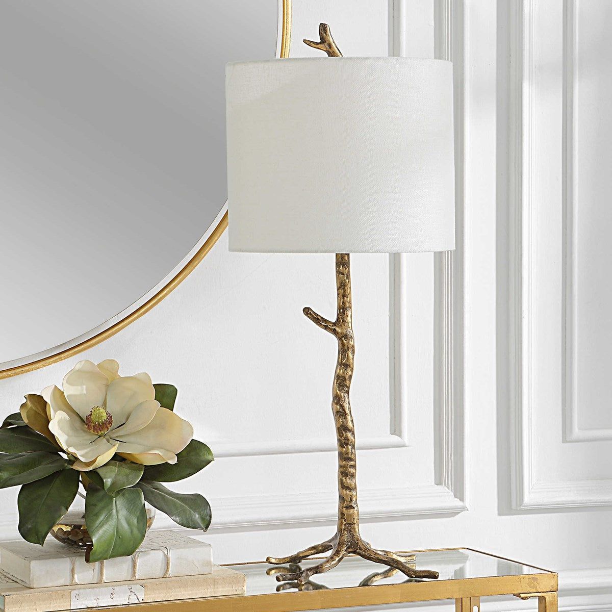 Casa Bella Living Soft White Linen Drum Shade with Antique Gold Branch Base Table Lamp - Image 3