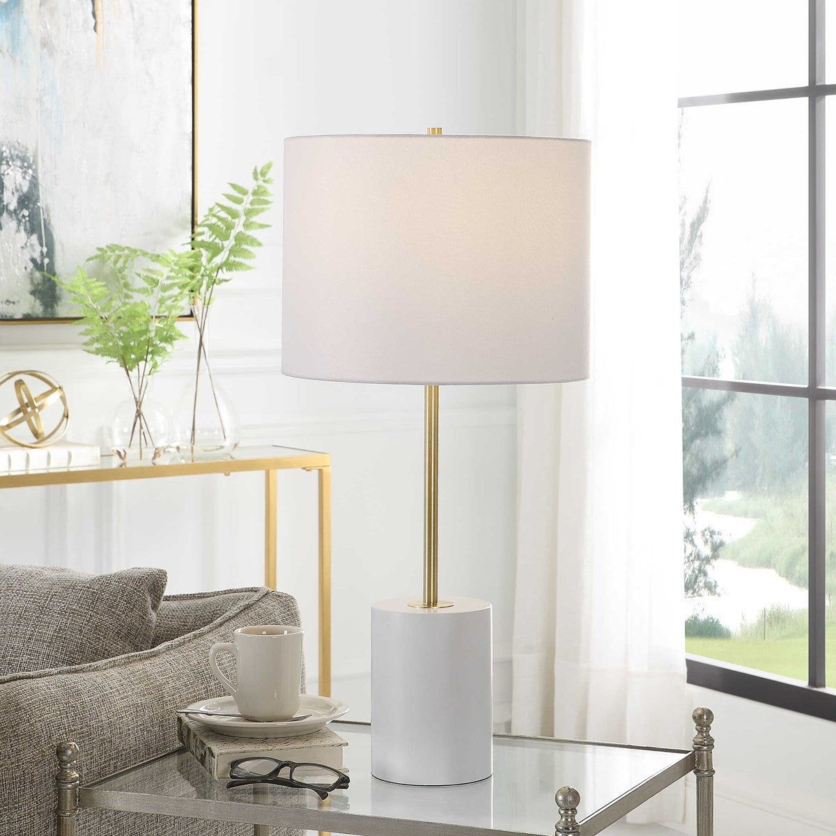 Casa Bella Living White Linen Shade With White Metal Base and Gold Accents Table Lamp ~ LAST CHANCE SALE ~ LIMITED QUANTITY - Image 1