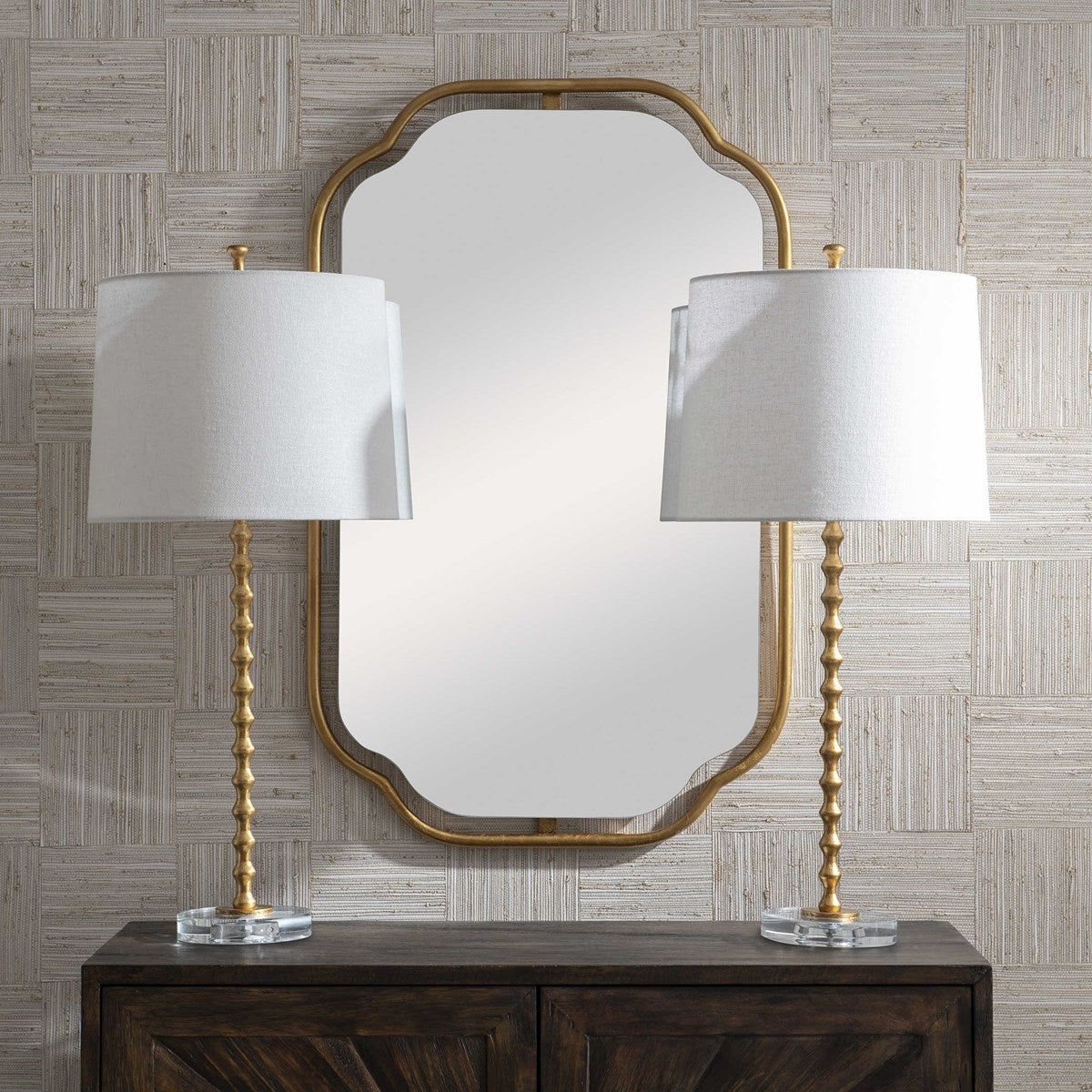 Casa Bella Living Ivory Linen Shades with Gold Leaf and Crystal Base Set of 2 Table Lamps - Image 3