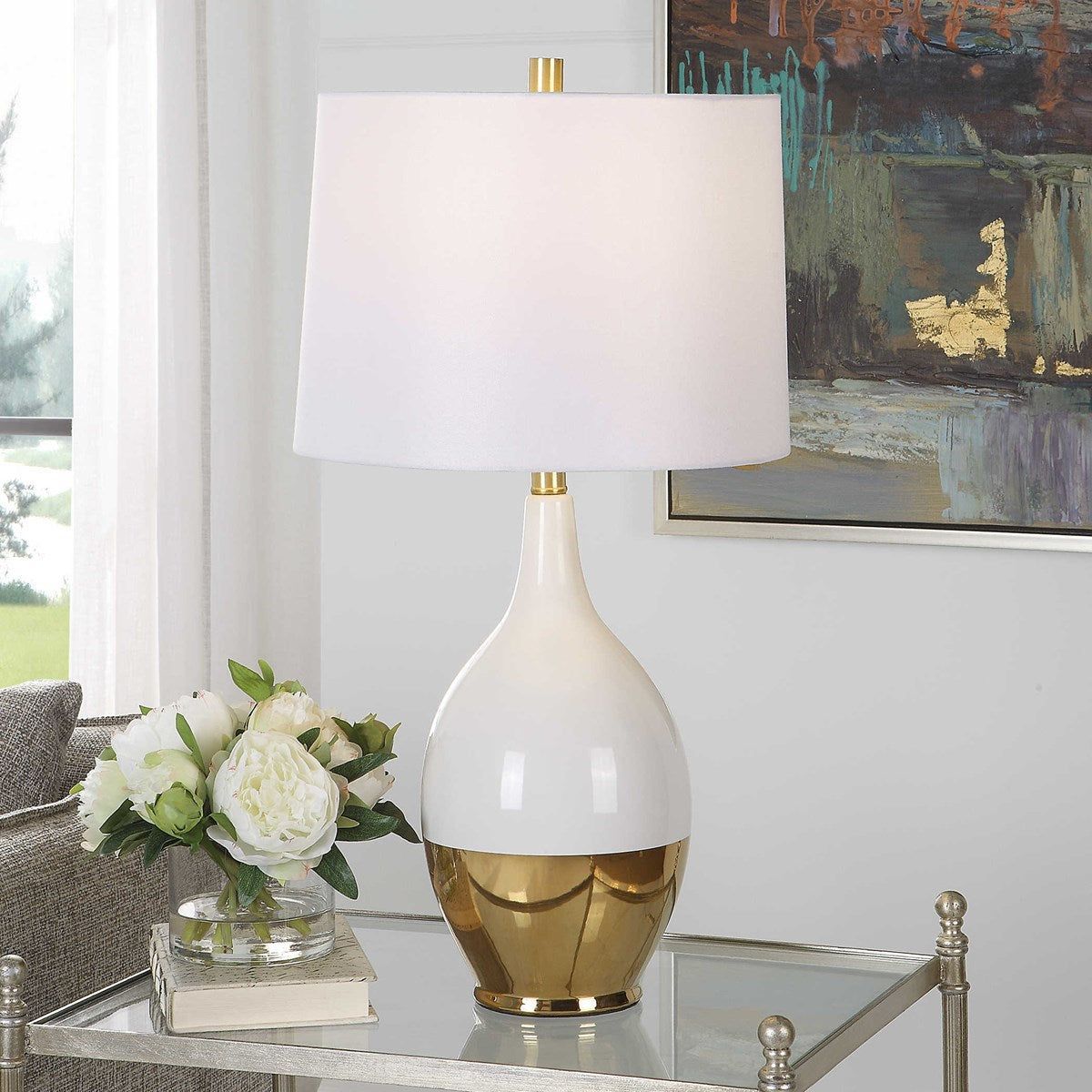 Casa Bella Living White Linen Shade With Gloss White and Rich Gold Base Table Lamp - Image 1