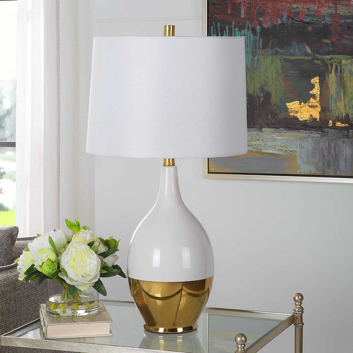 Casa Bella Living White Linen Shade With Gloss White and Rich Gold Base Table Lamp - Image 3