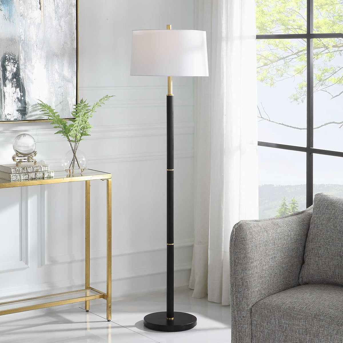 Casa Bella Living White Linen Shade with Gold Rings and Black Metal Base Modern Floor Lamp - Image 1