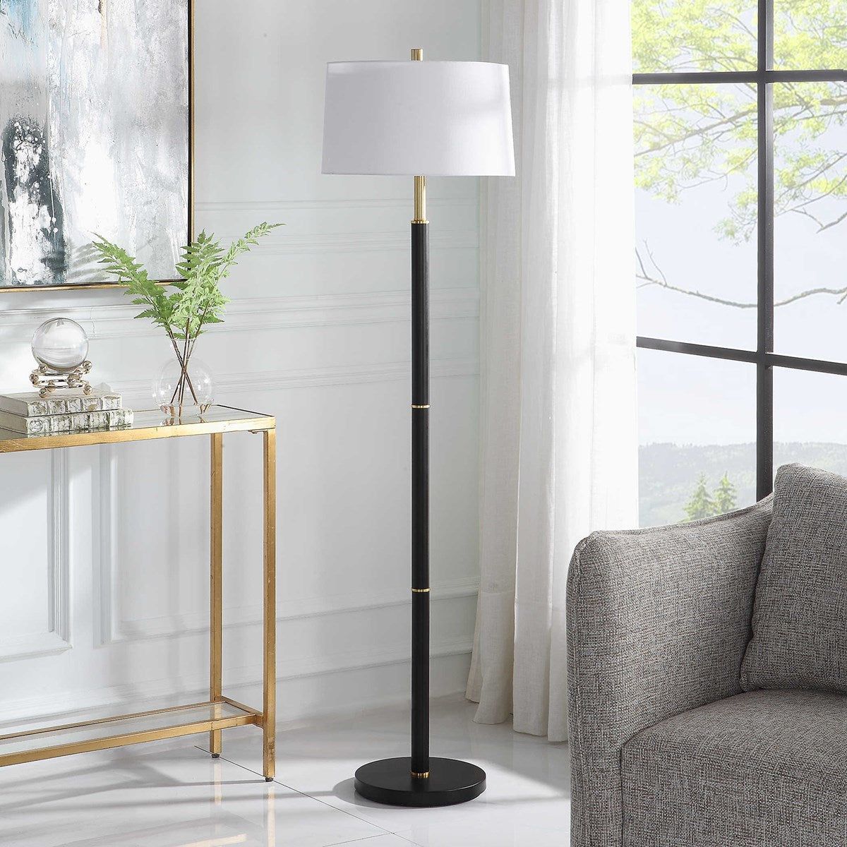 Casa Bella Living White Linen Shade with Gold Rings and Black Metal Base Modern Floor Lamp - Image 3