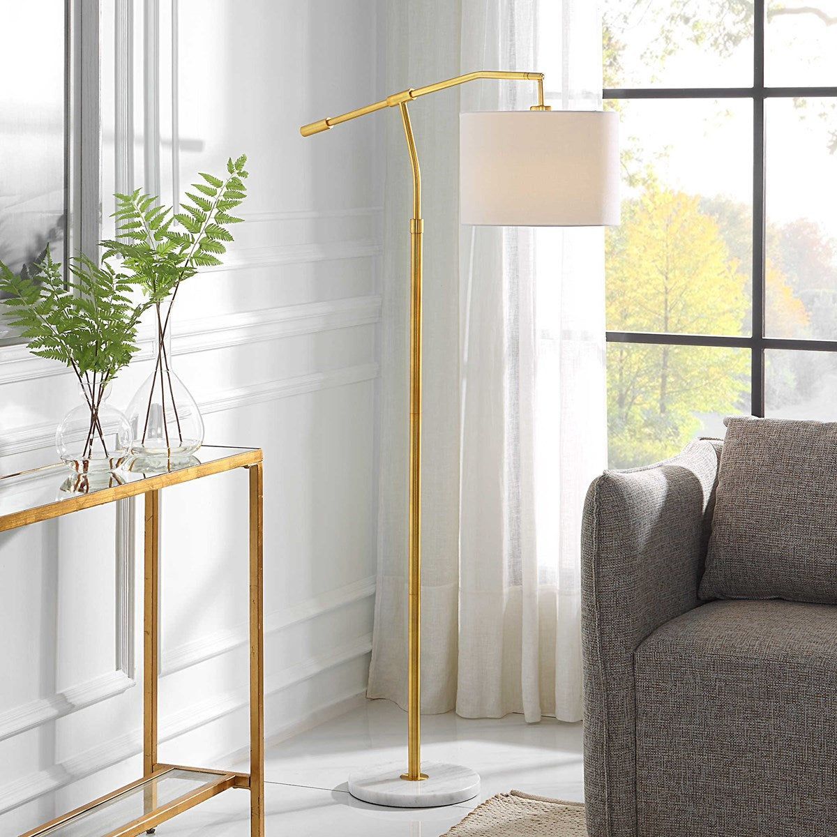 Casa Bella Living White Linen Shade with Gold and White Marble Base Modern Floor Lamp - Image 2