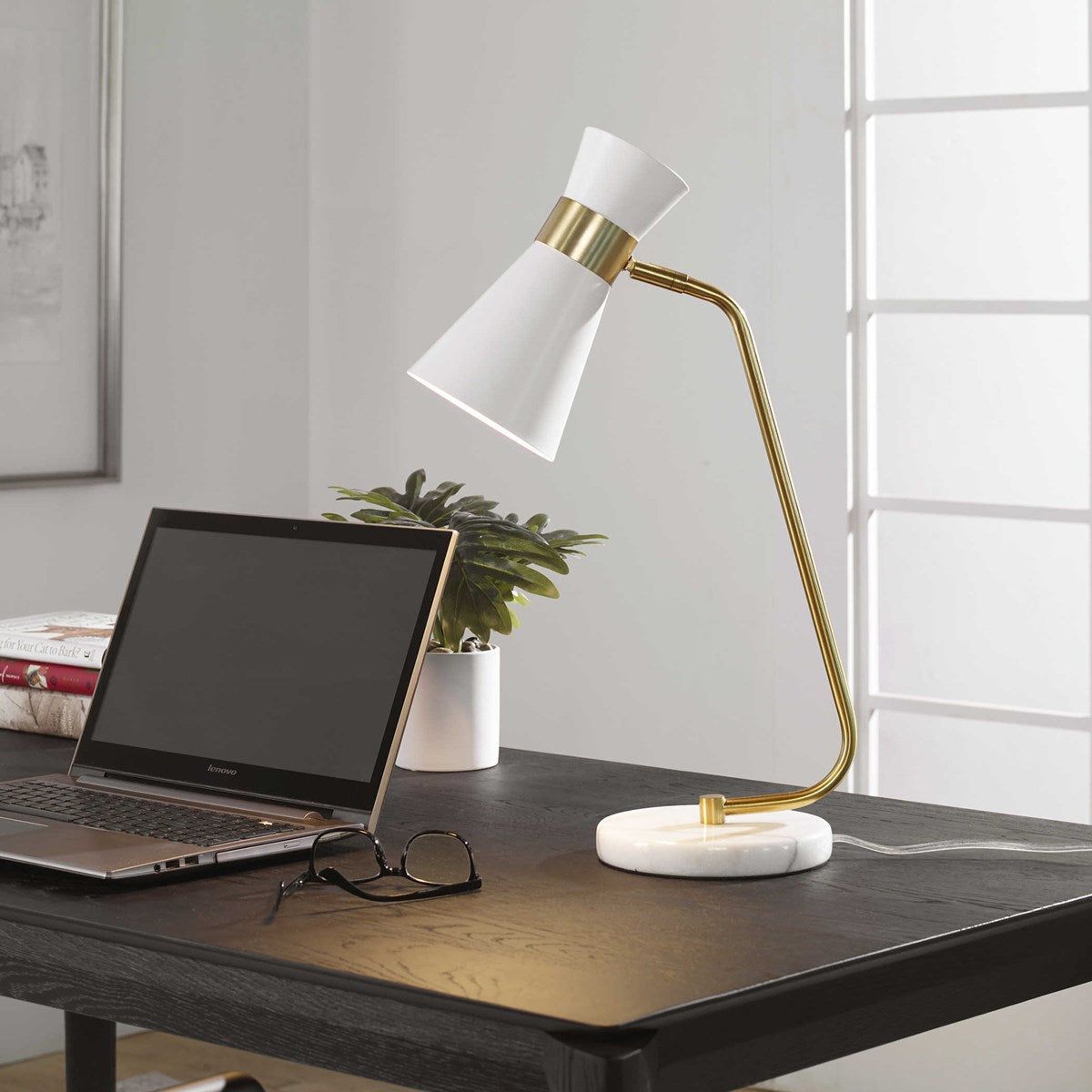 Casa Bella Living White Metal Cone Shade with Gold and White Marble Base Modern Desk Lamp - Image 1