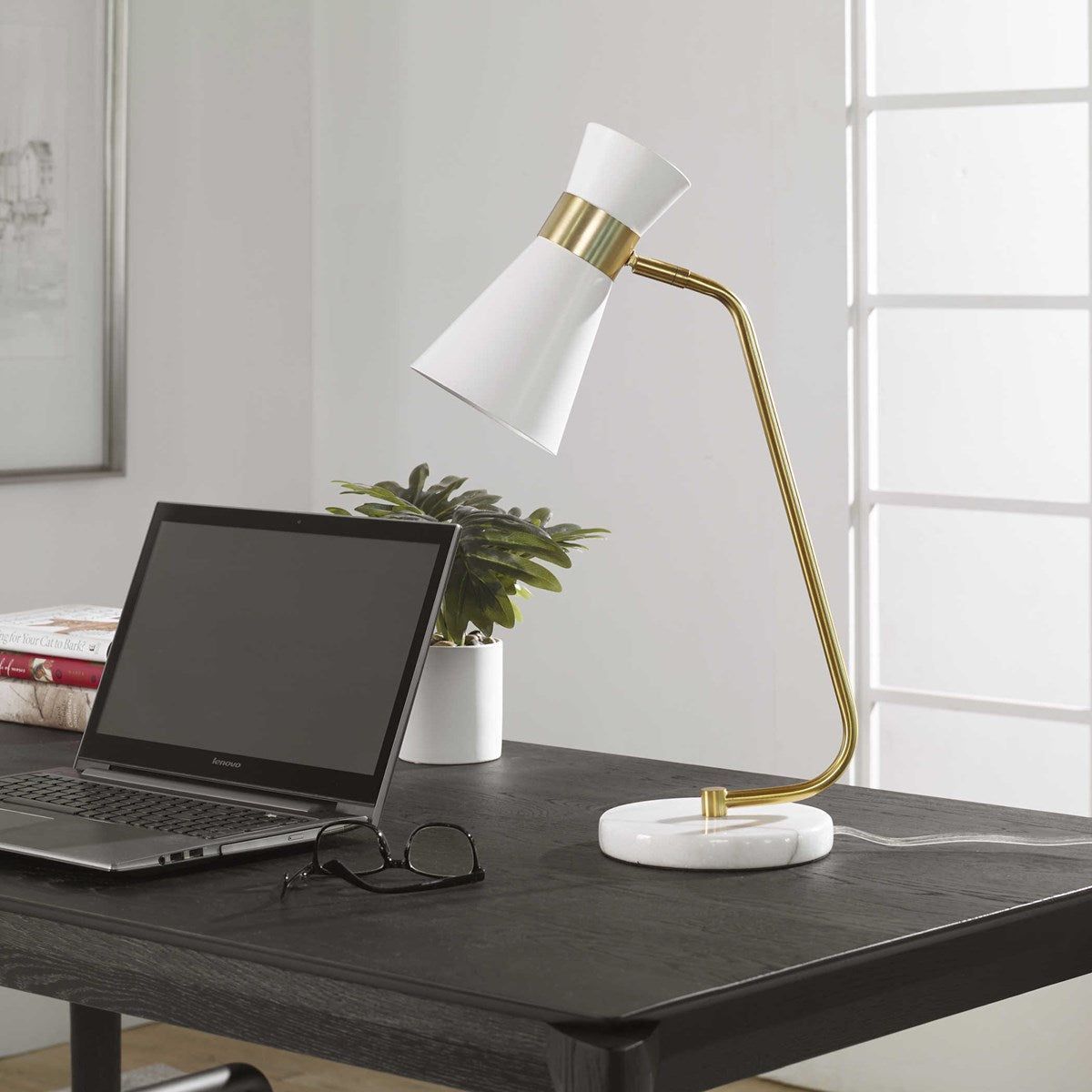 Casa Bella Living White Metal Cone Shade with Gold and White Marble Base Modern Desk Lamp - Image 3