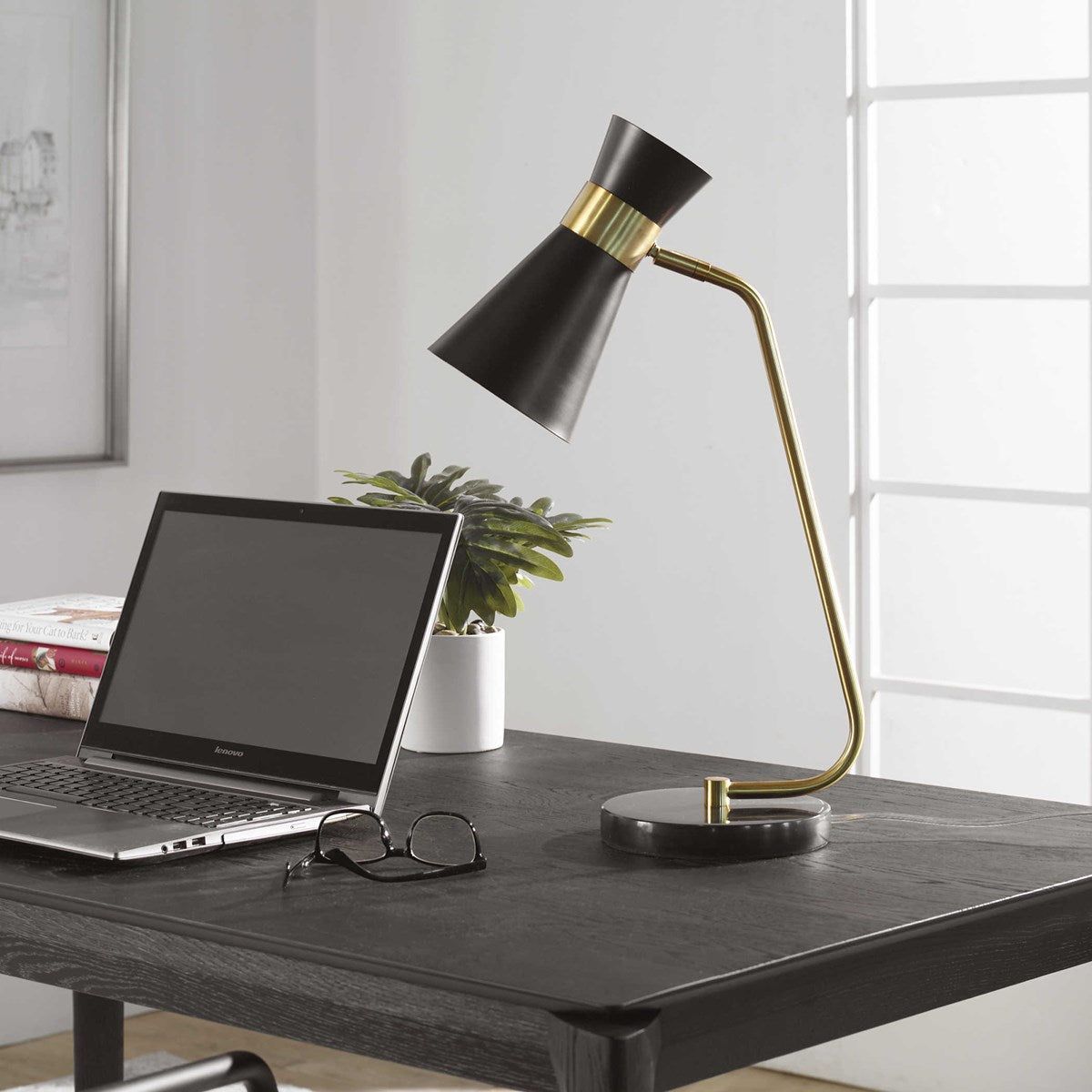 Casa Bella Living Black Metal Cone Shade with Black and Black Marble Base Modern Desk Lamp - Image 3