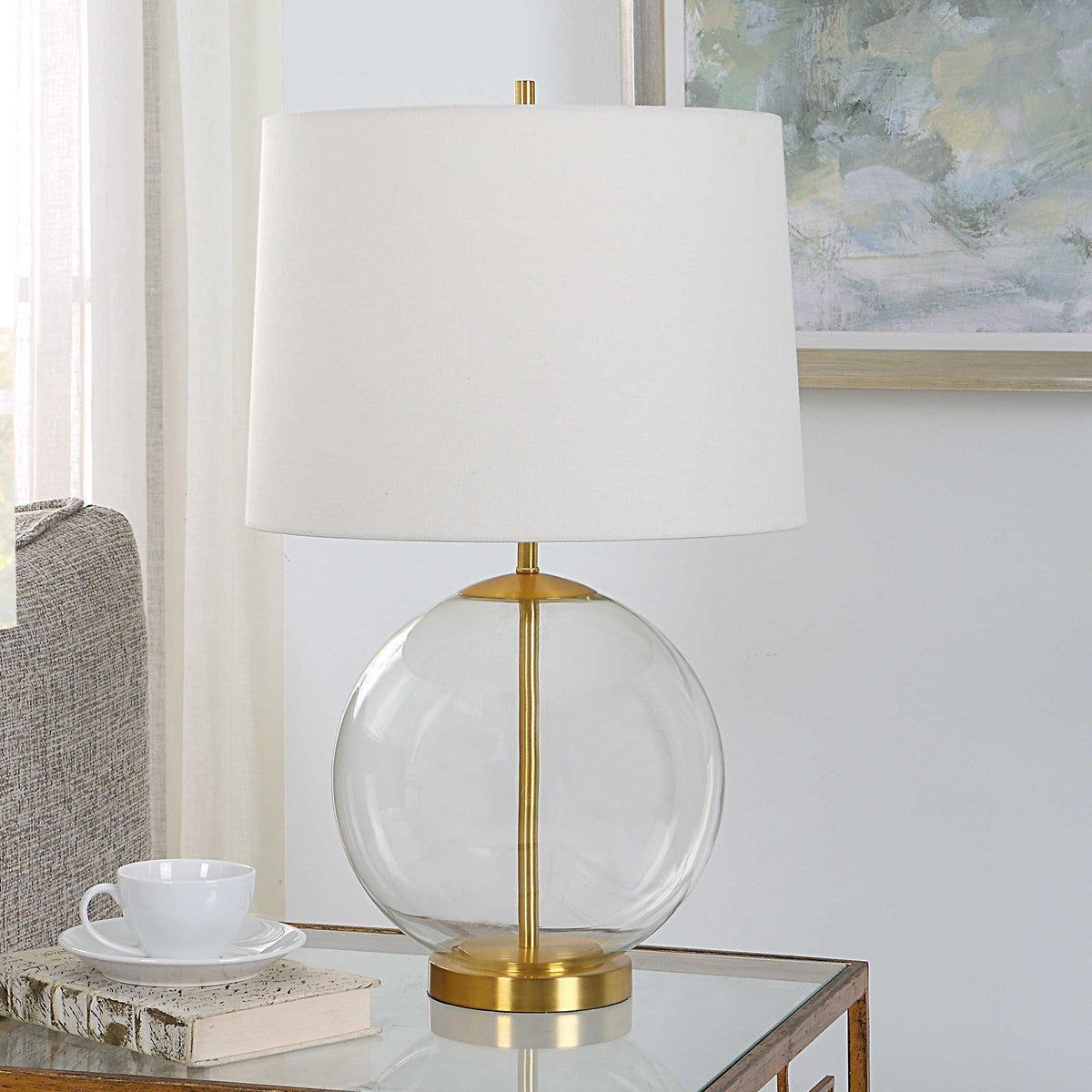 Casa Bella Living White Linen Shade with Glass and Gold Base Table Lamp - Image 3