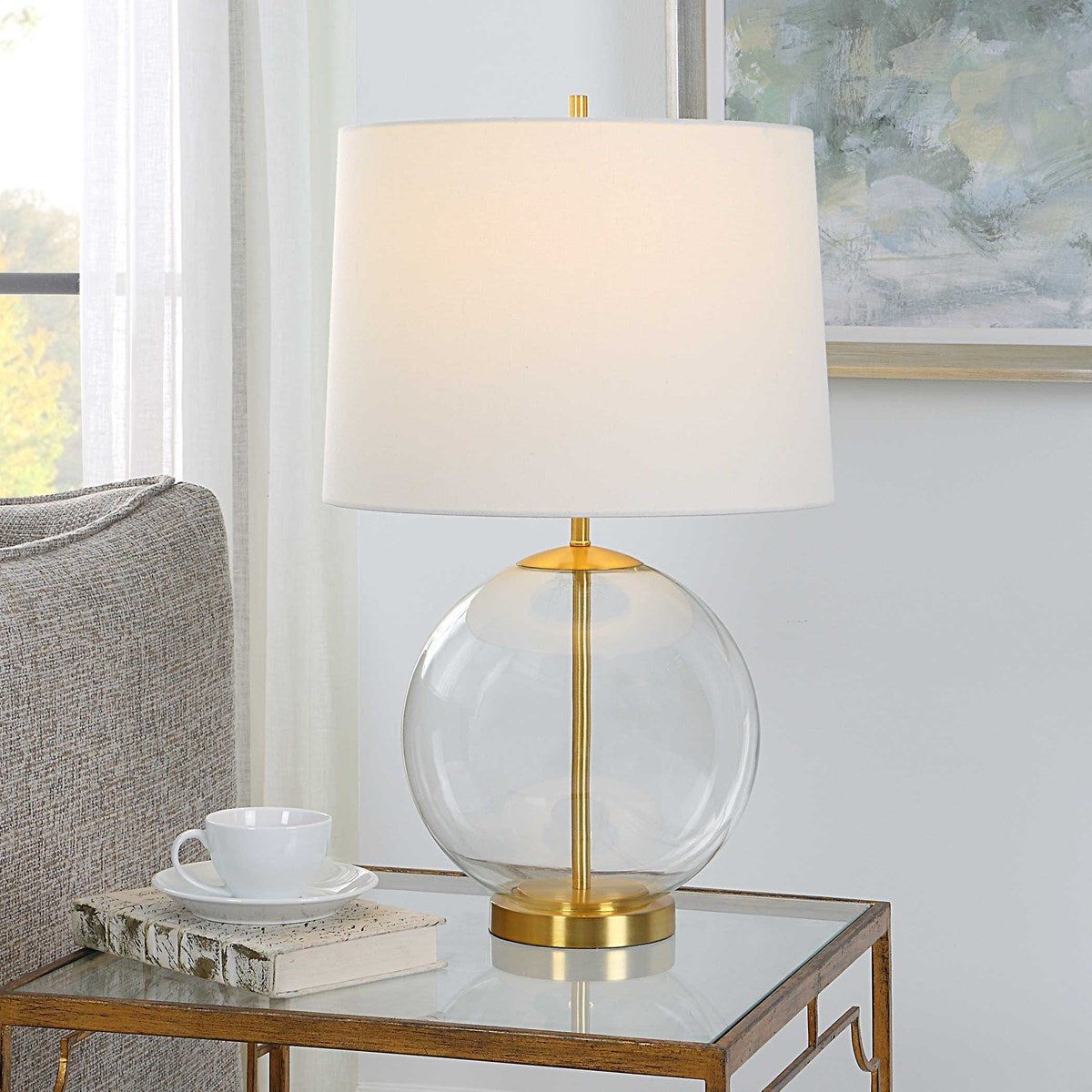 Casa Bella Living White Linen Shade with Glass and Gold Base Table Lamp - Image 1