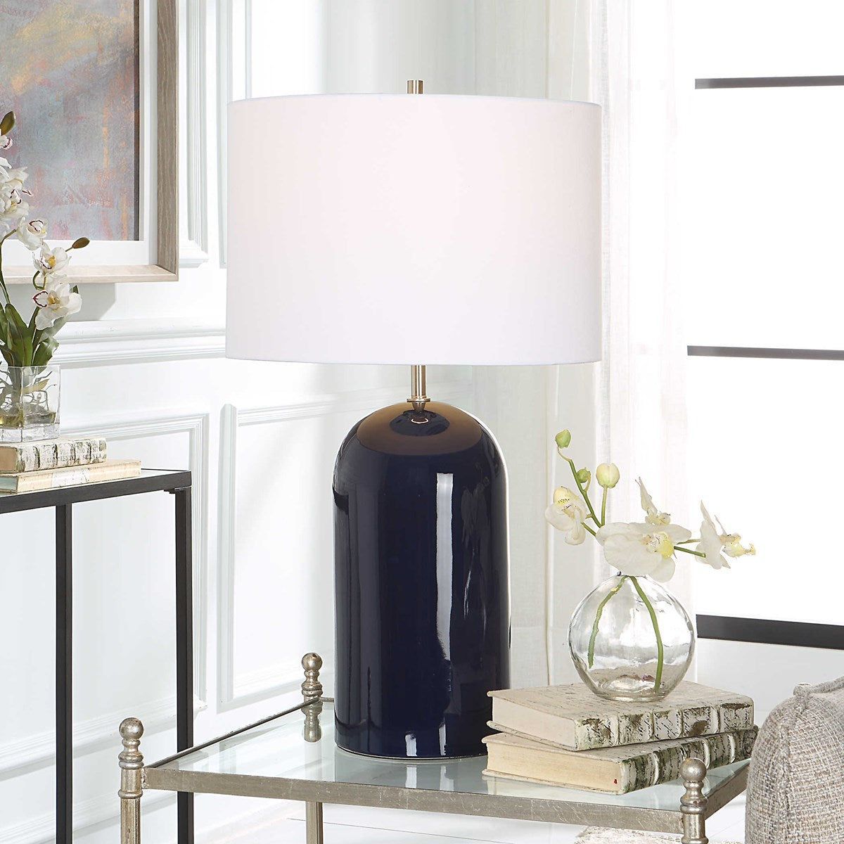 Casa Bella Living White Linen Shade with Navy Blue Ceramic Base Table Lamp - Image 1