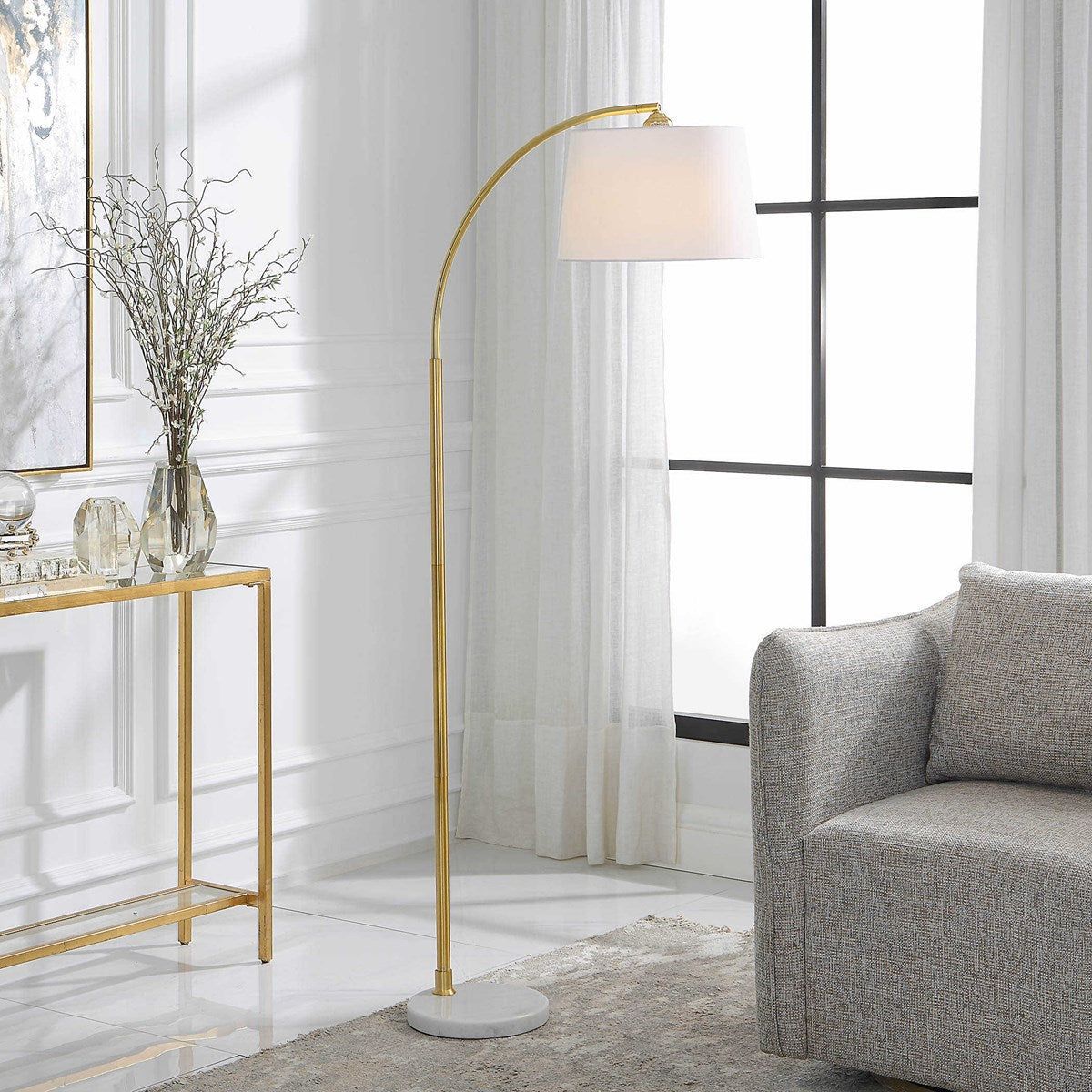 Casa Bella Living White Linen Shade With Gold Metal and White Marble Base Adjustable Modern Arc Floor Lamp - Image 1