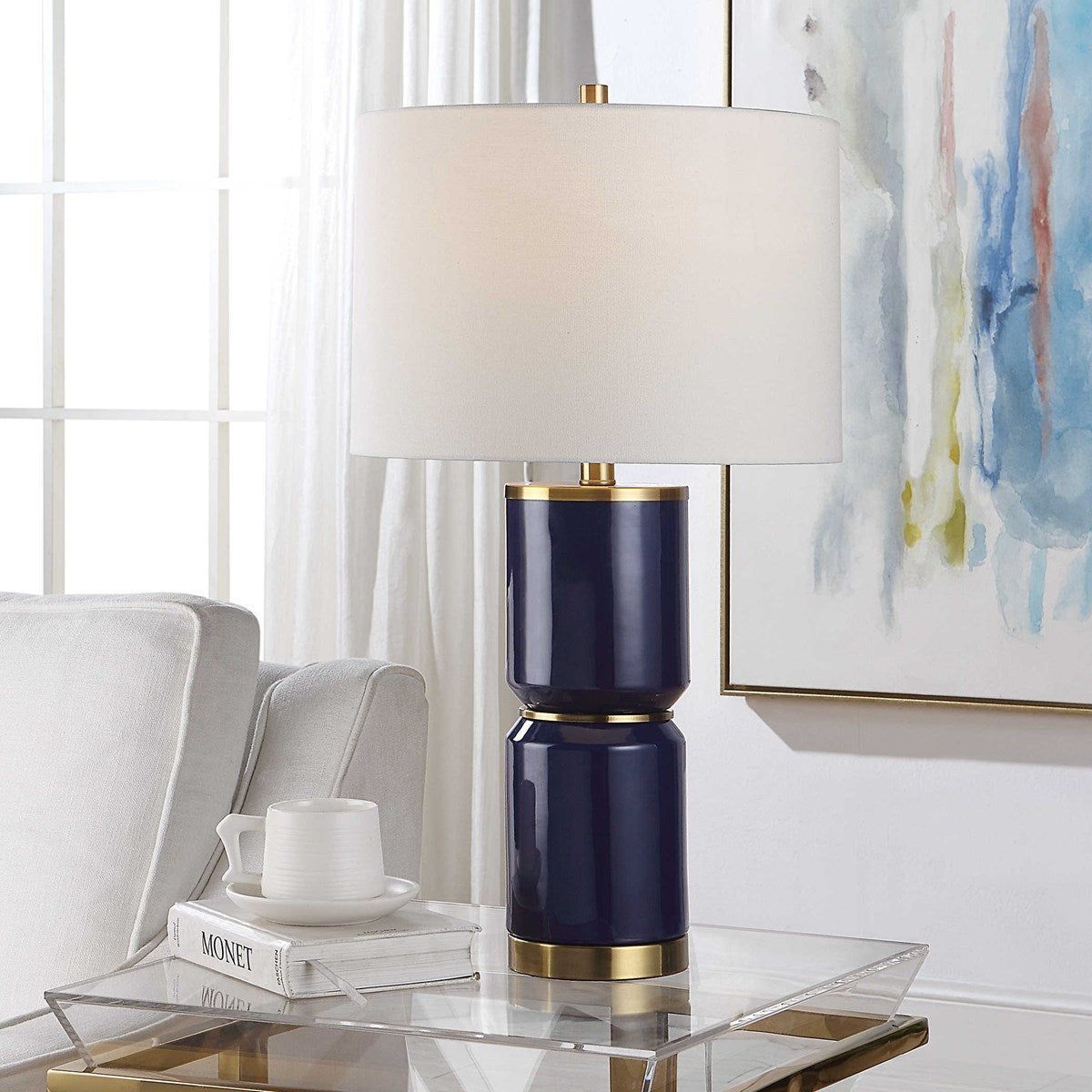 Casa Bella Living White Linen Shade with Royal Blue and Gold Ceramic Base Table Lamp - Image 1