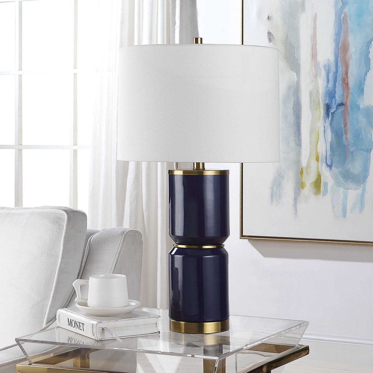 Casa Bella Living White Linen Shade with Royal Blue and Gold Ceramic Base Table Lamp - Image 3
