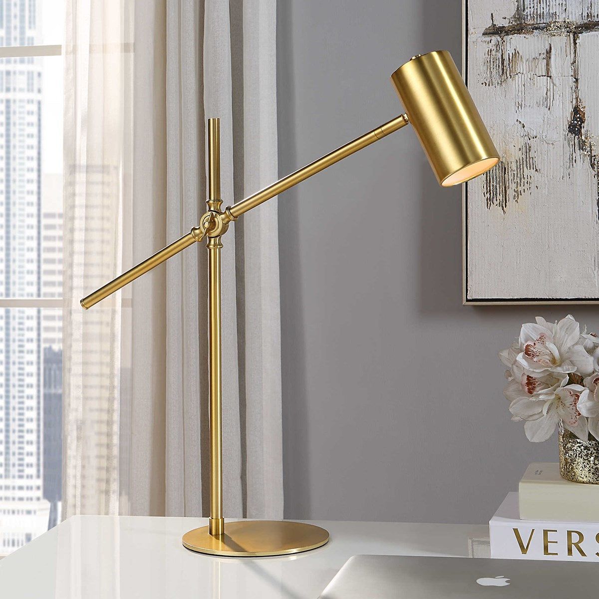 Casa Bella Living Gold Cylinder Metal Shade With Brushed Gold Base Adjustable Modern Desk Lamp