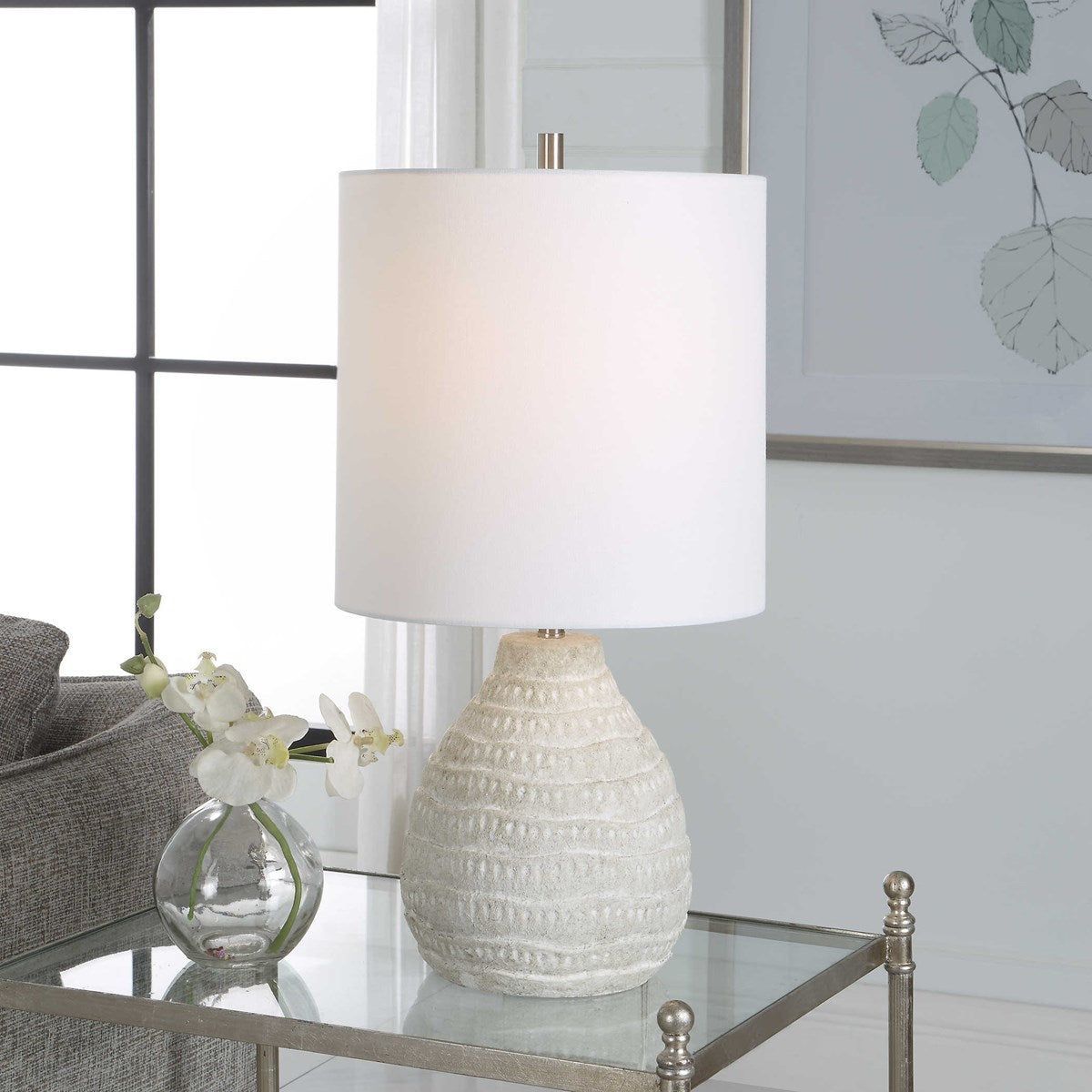 Casa Bella Living Off White Linen Shade with Textured Antique White Wash Ceramic Base Table Lamp ~ LAST CHANCE SALE ~ LIMITED QUANTITY