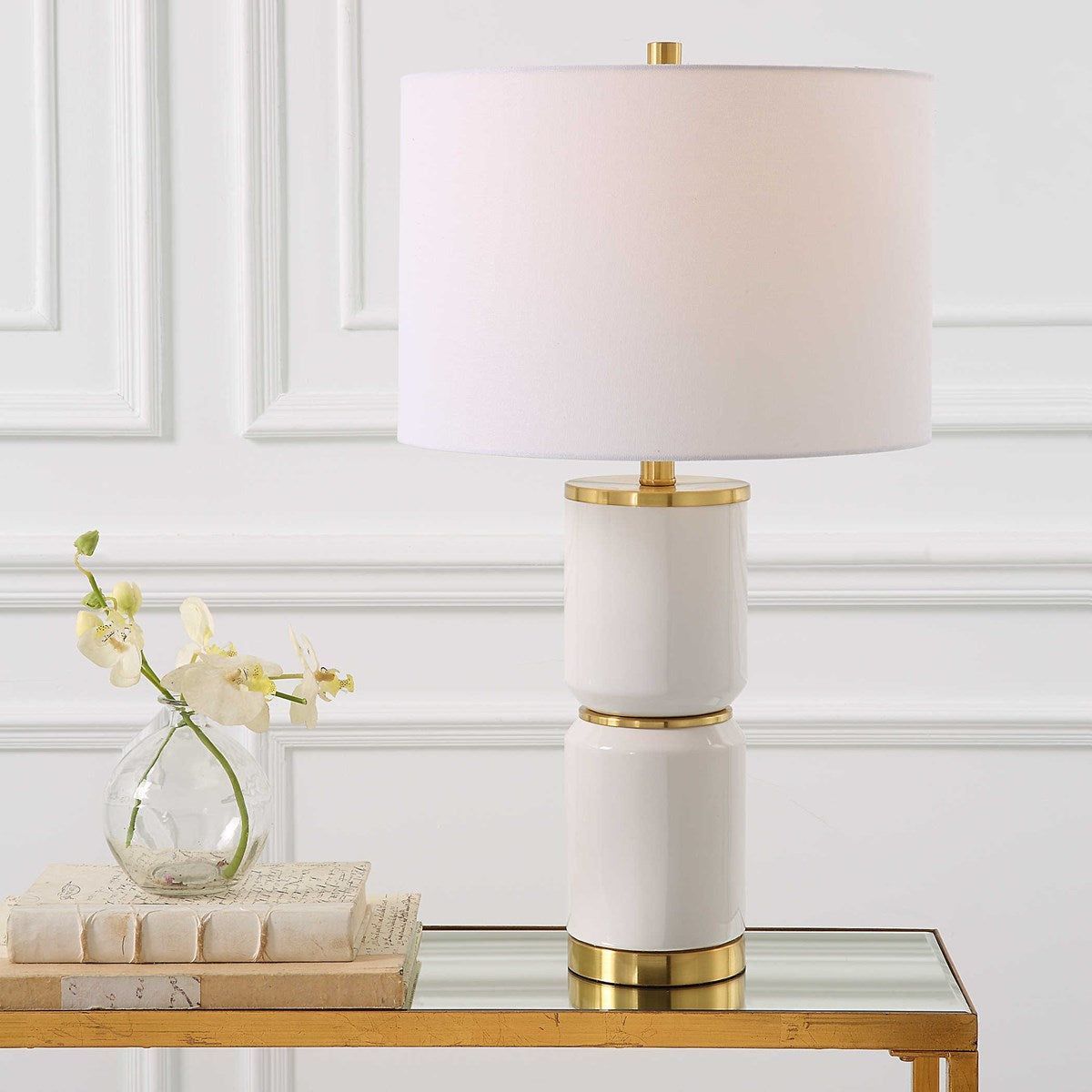 Casa Bella Living White Linen Shade with Gloss White and Gold Ceramic Base Table Lamp