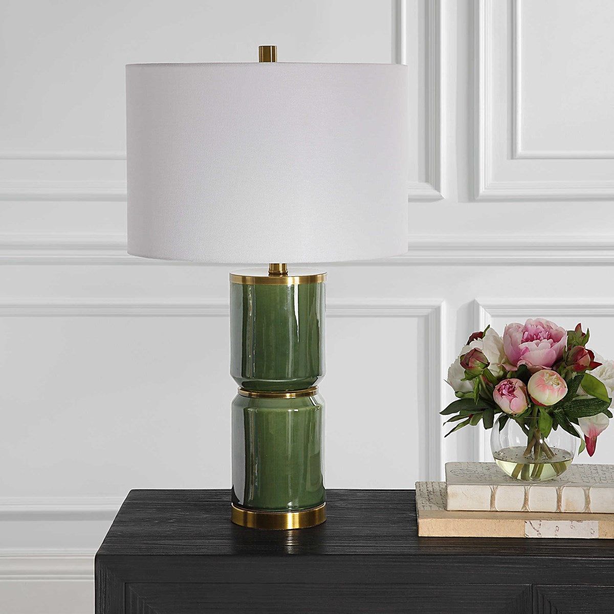 Casa Bella Living White Linen Shade with Dark Green and Antique Gold Ceramic Base Table Lamp - Image 3