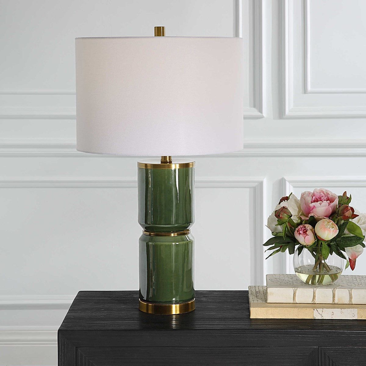 Casa Bella Living White Linen Shade with Dark Green and Antique Gold Ceramic Base Table Lamp - Image 1