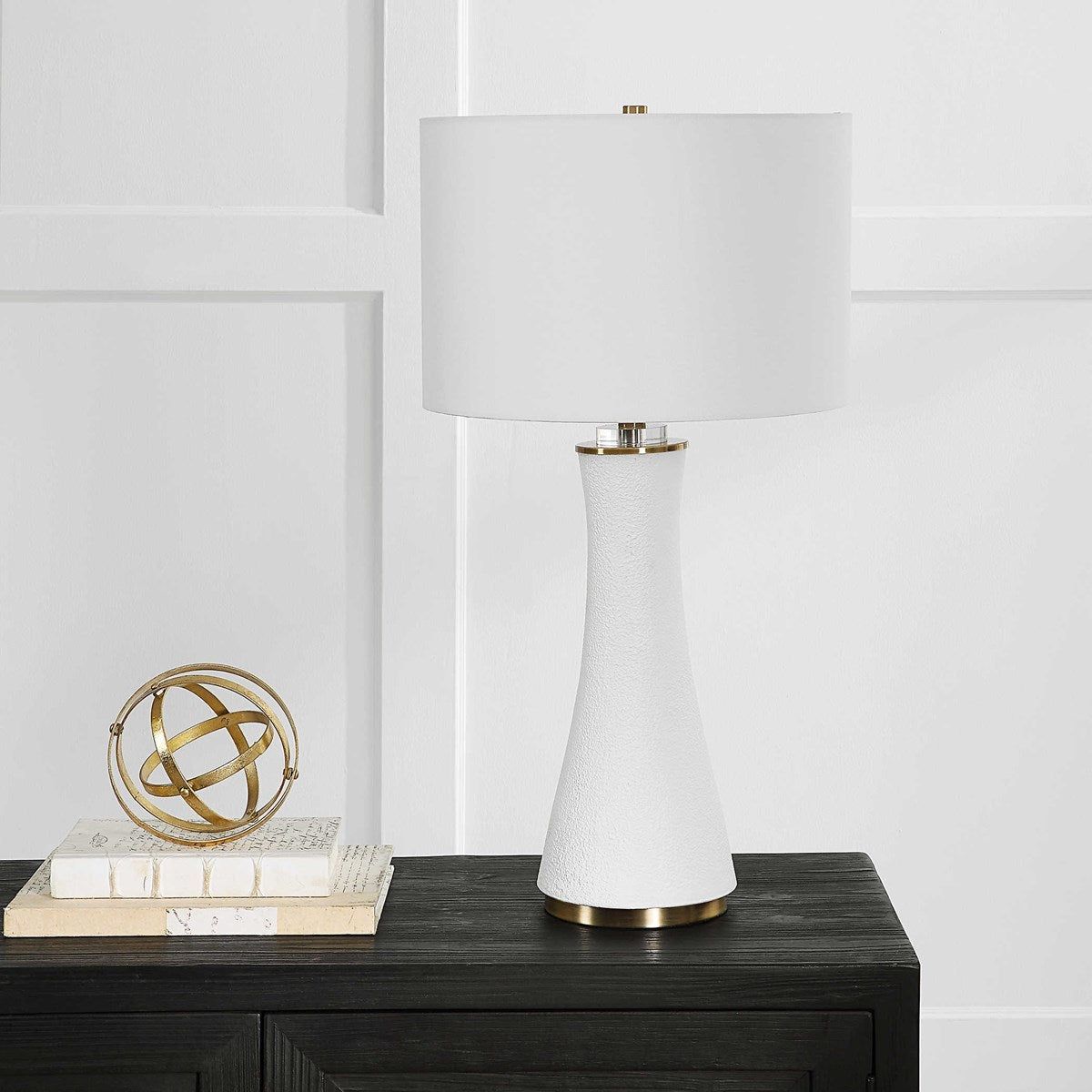 Casa Bella Living  White Linen Shade With Textured Matte White and Brushed Brass Base Table Lamp ~ IN-STORE PURCHASE ONLY - Image 3