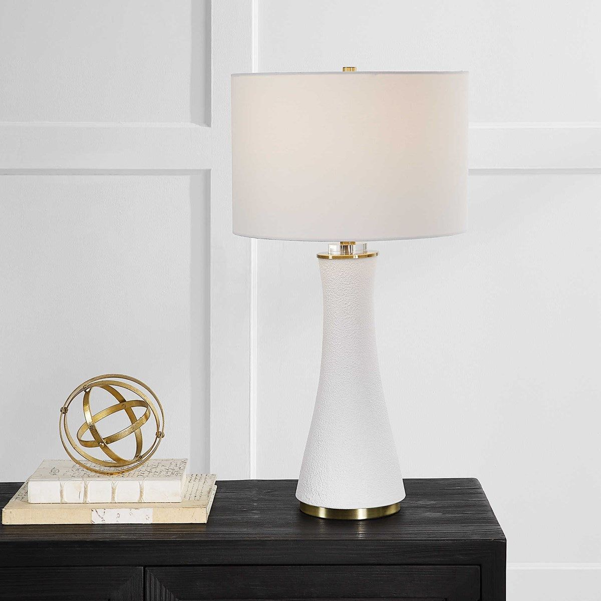 Casa Bella Living  White Linen Shade With Textured Matte White and Brushed Brass Base Table Lamp ~ IN-STORE PURCHASE ONLY