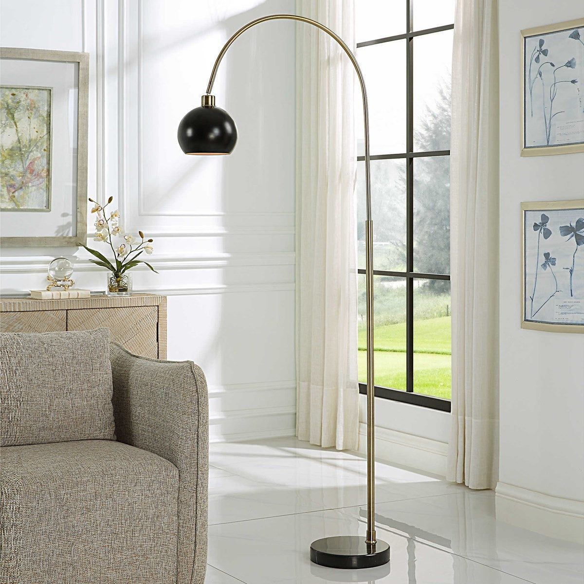 Casa Bella Living  Matte Black Metal Shade With Antique Bass and Black Marble Base Modern Arched Floor Lamp