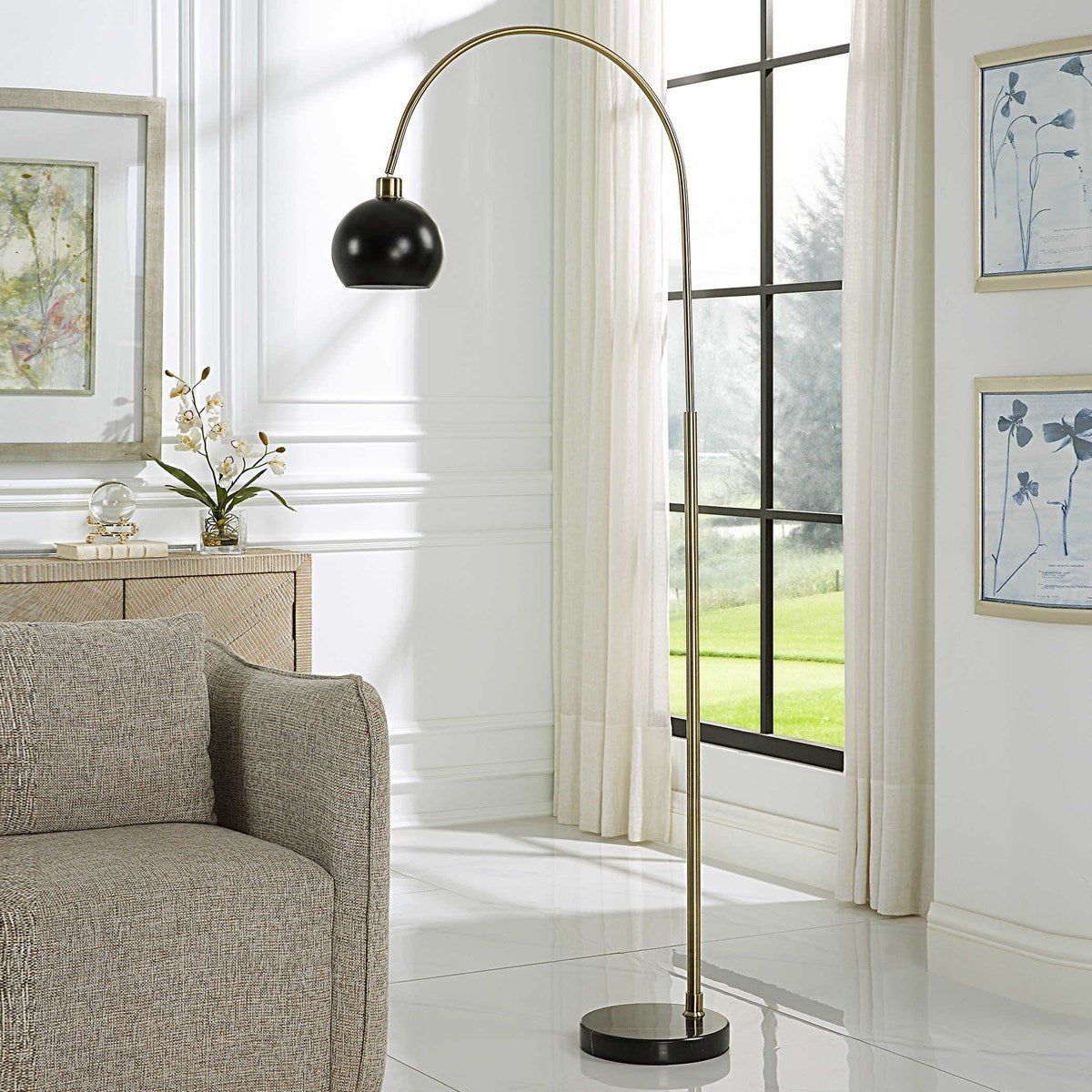 Casa Bella Living  Matte Black Metal Shade With Antique Bass and Black Marble Base Modern Arched Floor Lamp - Image 3
