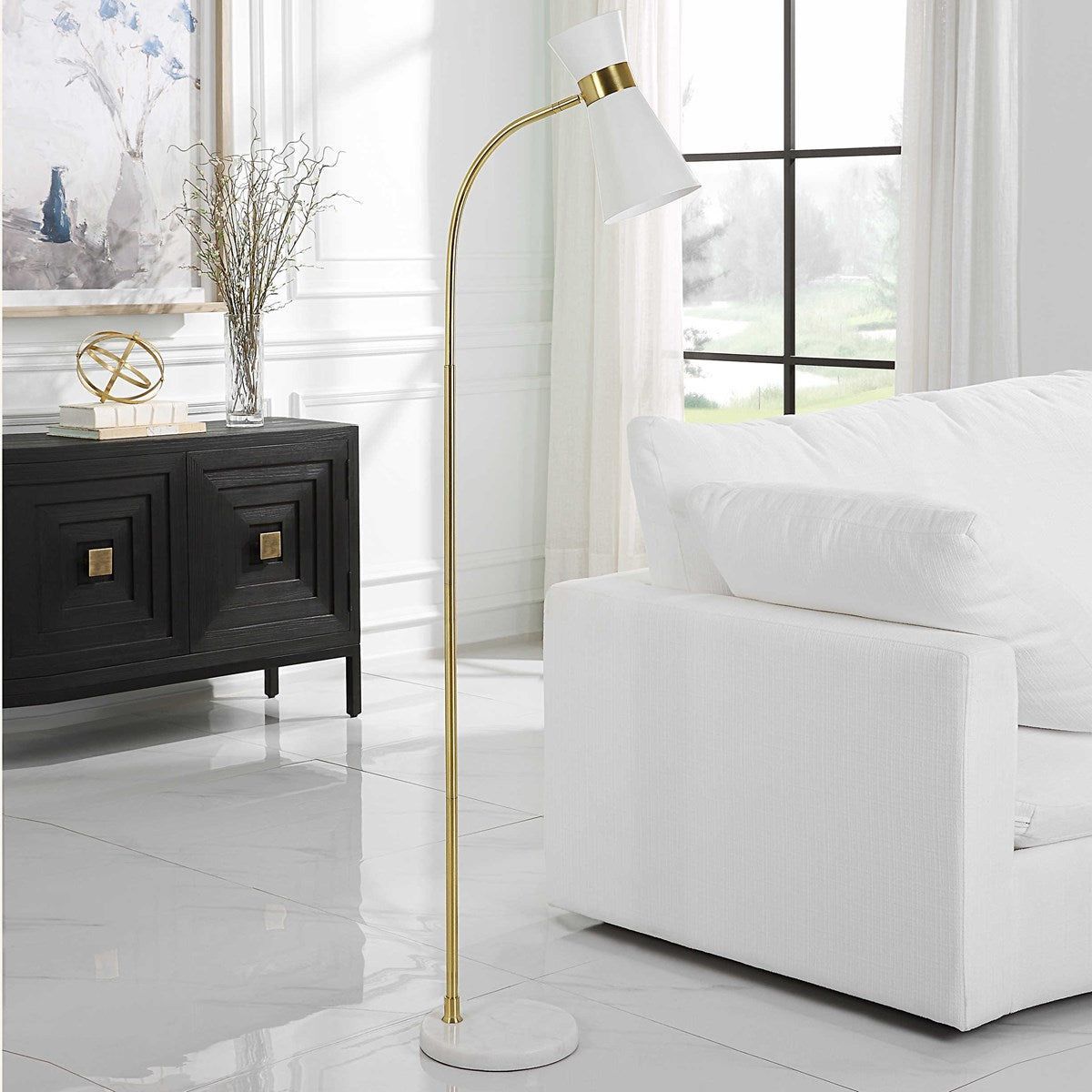 Casa Bella Living White Metal Cone Shade with Gold and White Marble Base Modern Floor Lamp - Image 3
