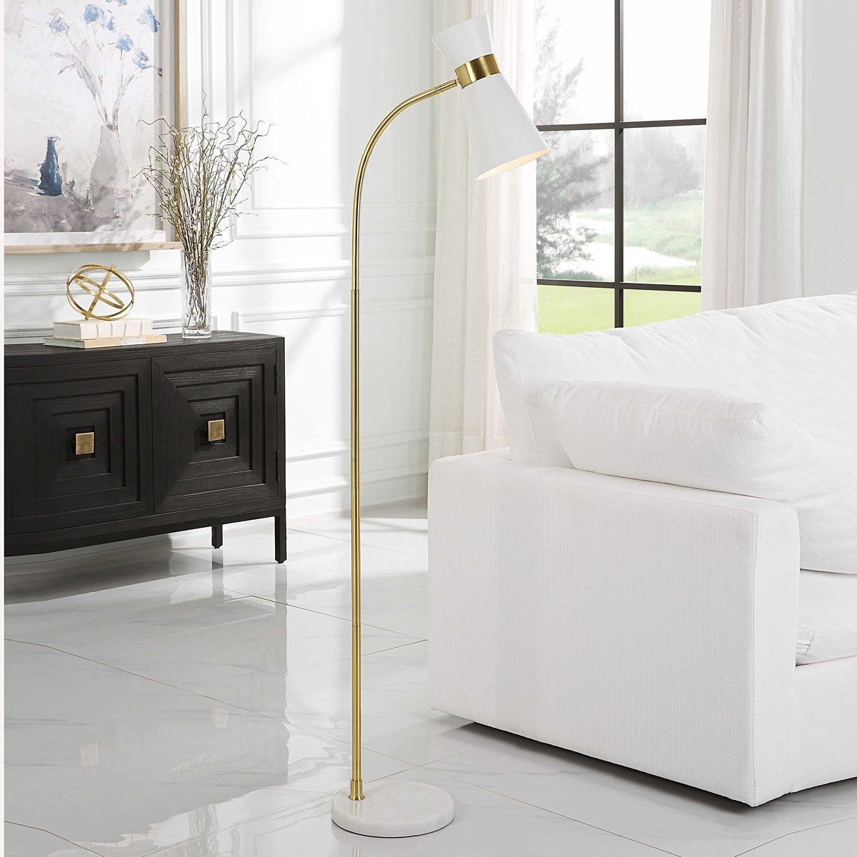 Casa Bella Living White Metal Cone Shade with Gold and White Marble Base Modern Floor Lamp - Image 1