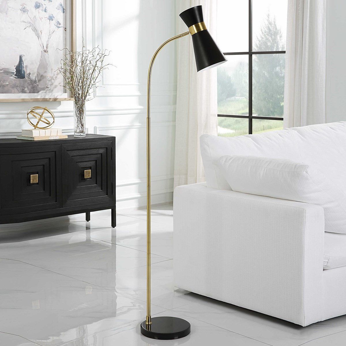 Casa Bella Living Black Metal Cone Shade with Black and Black Marble Base Modern Floor Lamp