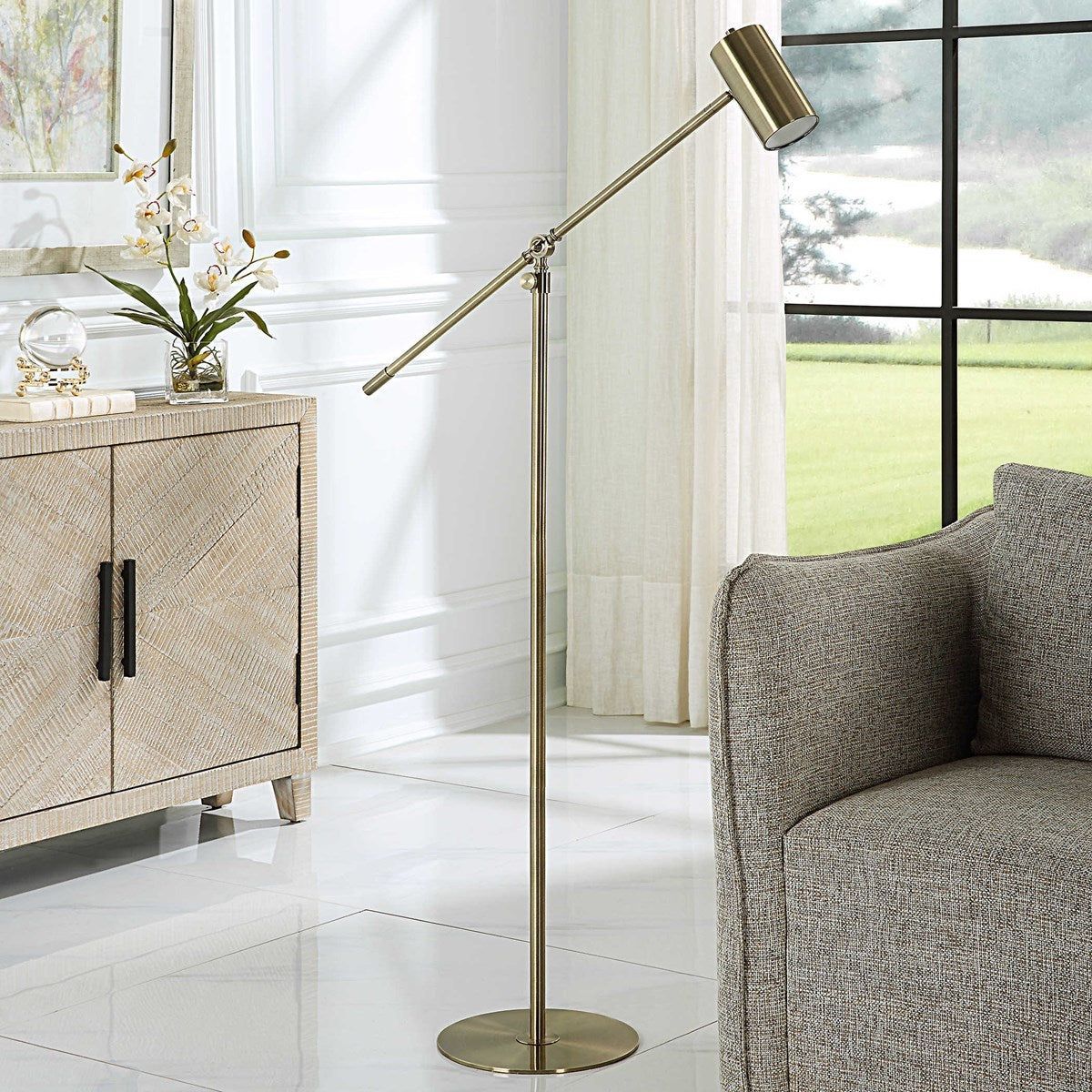 Casa Bella Living Gold Cylinder Metal Shade With Brushed Gold Base Adjustable Modern Floor Lamp - Image 3