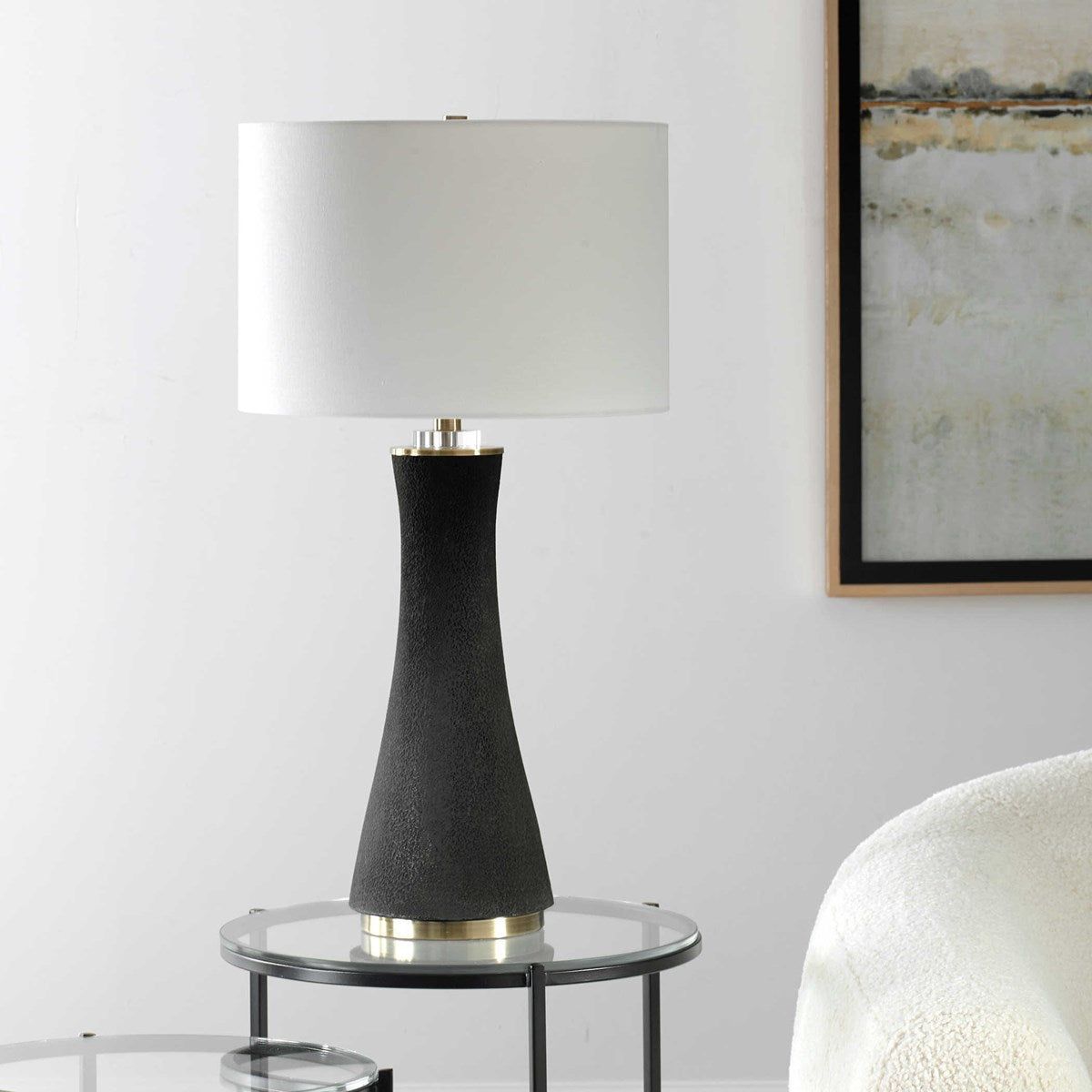 Casa Bella Living White Linen Shade With Rich Black Textured Ceramic and Brushed Brass Base Table Lamp - Image 3