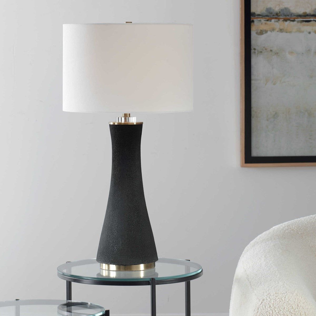 Casa Bella Living White Linen Shade With Rich Black Textured Ceramic and Brushed Brass Base Table Lamp - Image 1