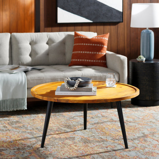 Surya Saraswati Modern Brown Wood Top With Black Metal Base Round Coffee Table WTI-002 - Image 1