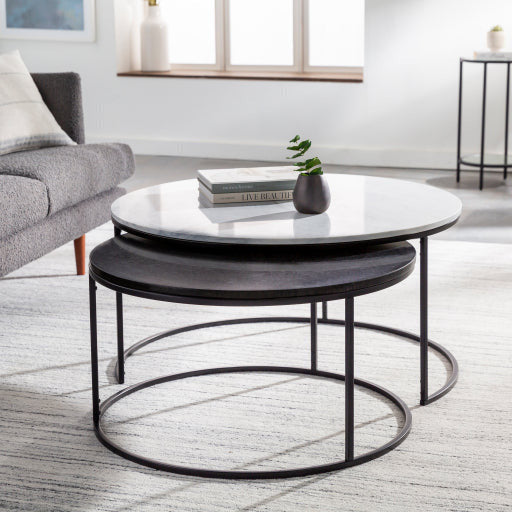 Surya Alexine Modern White & Black Marble Top With Black Metal Base Round Nesting Coffee Tables XLE-001 - Image 1