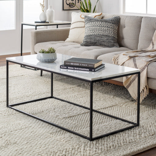 Surya Aryaa Modern White Marble Top With Black Metal Base Coffee Table YAA-001 - Image 1