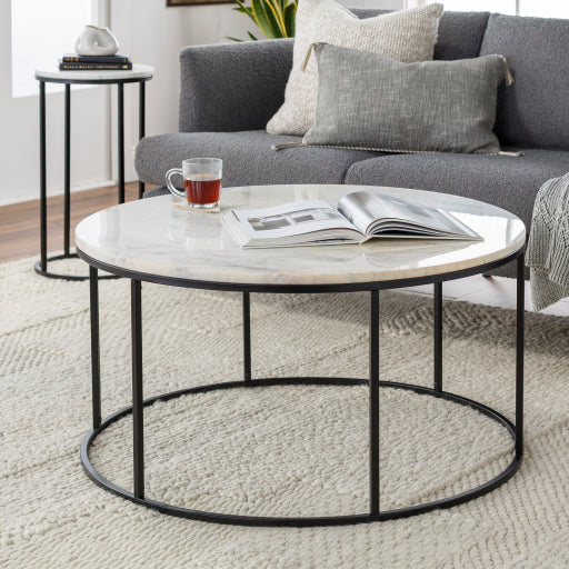Surya Aryaa Modern White Marble Top With Black Metal Base Round Coffee Table YAA-004 - Image 1