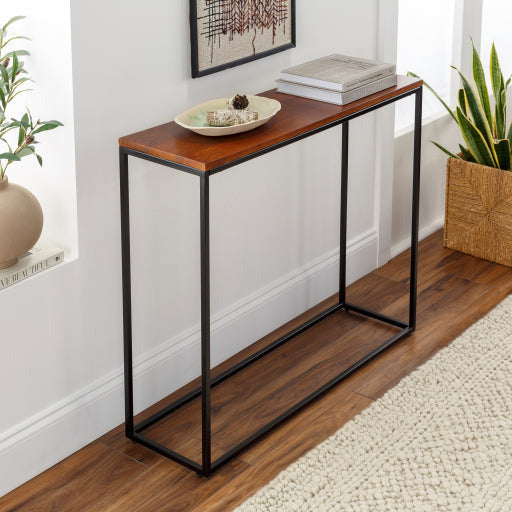 Surya Aryaa Modern Dark Brown Wood Top With Black Metal Base Console Table YAA-008 - Image 1