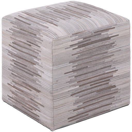 Surya Zander Modern Hair On Hide Cream, Gray & Brown Patched Leather Pouf Ottoman ZNPF-002 - Image 2