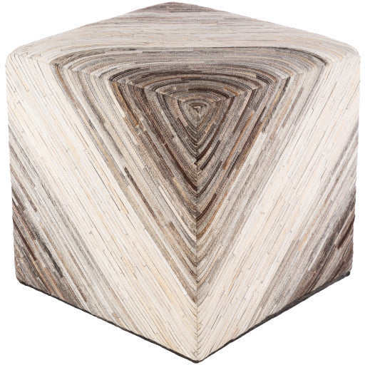 Surya Zander Modern Hair On Hide Ivory, Beige, Gray & Brown Patched Leather Pouf Ottoman ZNPF-003 - Image 2