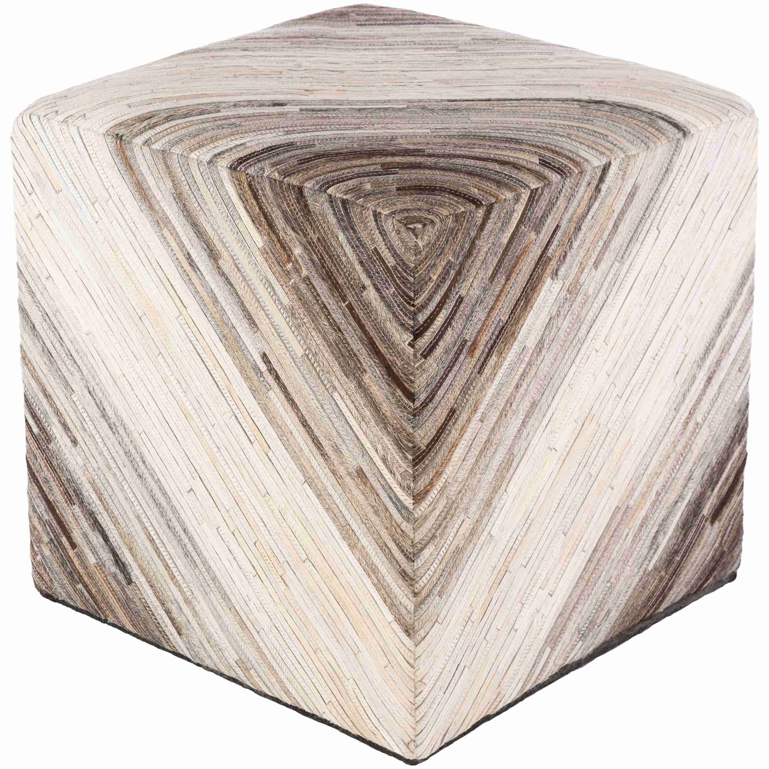 Surya Zander Modern Hair On Hide Ivory, Beige, Gray & Brown Patched Leather Pouf Ottoman ZNPF-003 - Image 3
