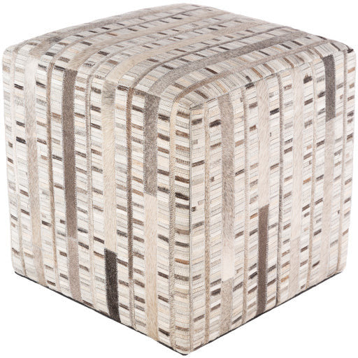 Surya Zander Modern Hair On Hide Gray, Brown, Ivory & Beige Patched Leather Pouf Ottoman ZNPF-004 - Image 3