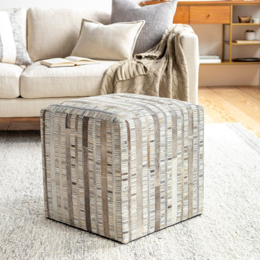 Surya Zander Modern Hair On Hide Gray, Brown, Ivory & Beige Patched Leather Pouf Ottoman ZNPF-004 - Image 1