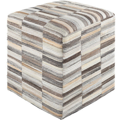 Surya Zander Modern Hair On Hide Gray, Light Gray & Charcoal Patched Leather Pouf Ottoman ZNPF-005 - Image 2