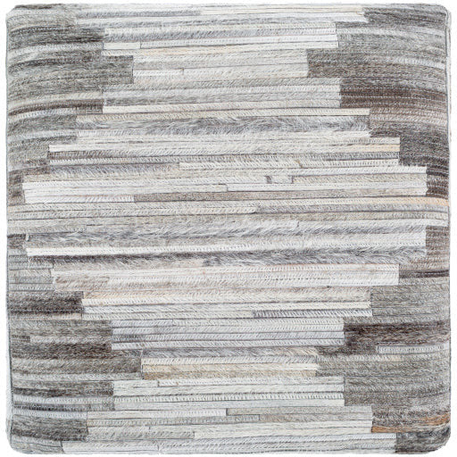 Surya Zander Modern Hair On Hide Gray, Charcoal, Light Gray & Tan Patched Leather Pouf Ottoman ZNPF-006 - Image 3