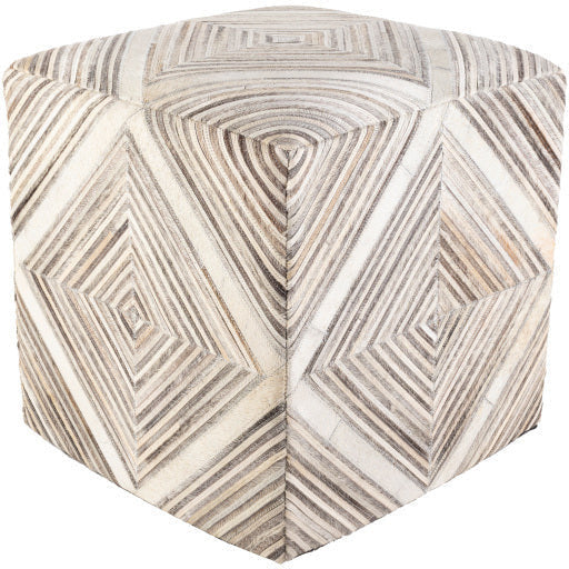 Surya Zander Modern Hair On Hide Gray, Charcoal, Cream & Taupe Patched Leather Pouf Ottoman ZNPF-008 - Image 3