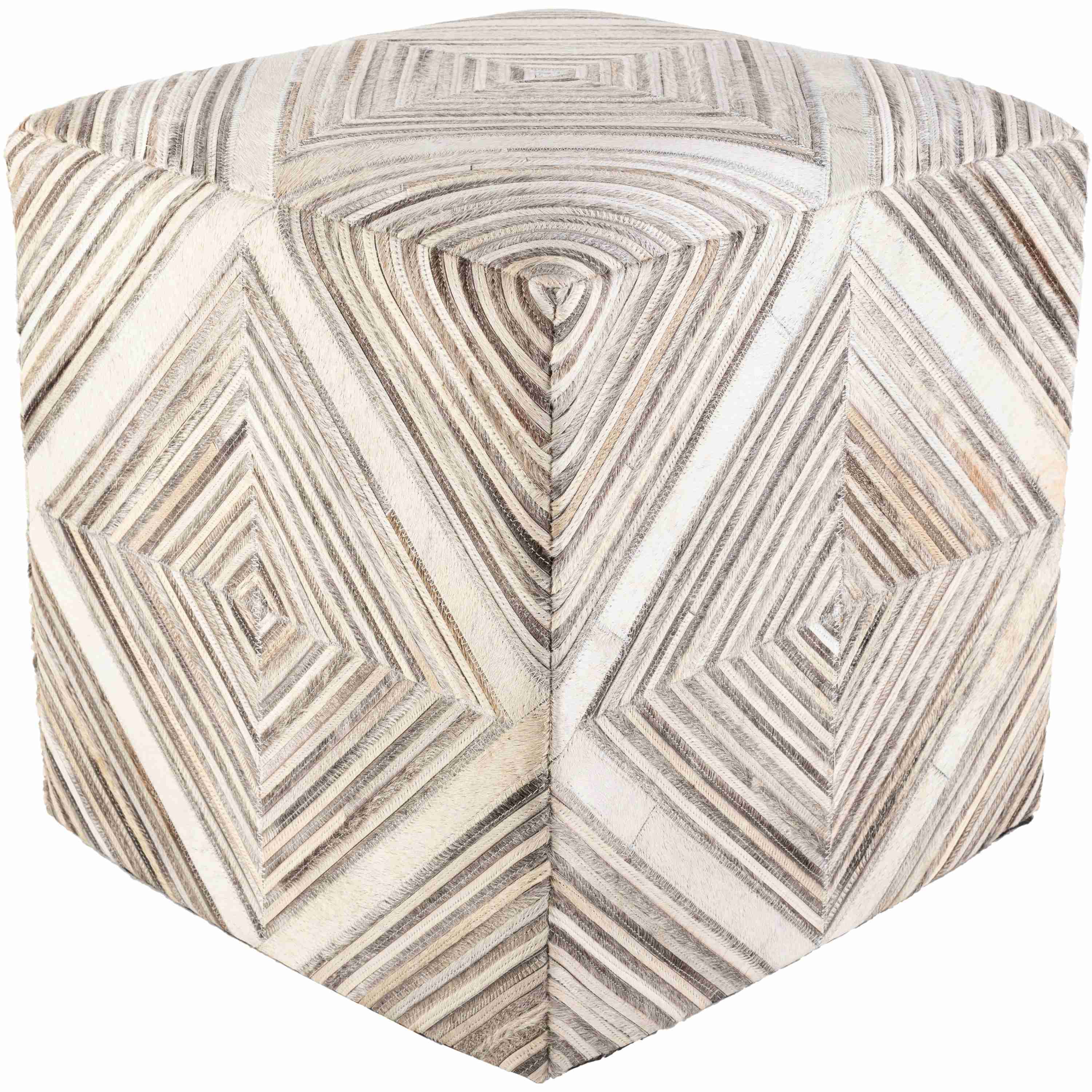 Surya Zander Modern Hair On Hide Gray, Charcoal, Cream & Taupe Patched Leather Pouf Ottoman ZNPF-008 - Image 2